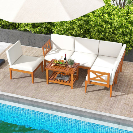 6 Pieces Acacia Wood Patio Furniture Set with Cushions and 2 - Tier Coffee Table - White - Patio Furniture | Patioza
