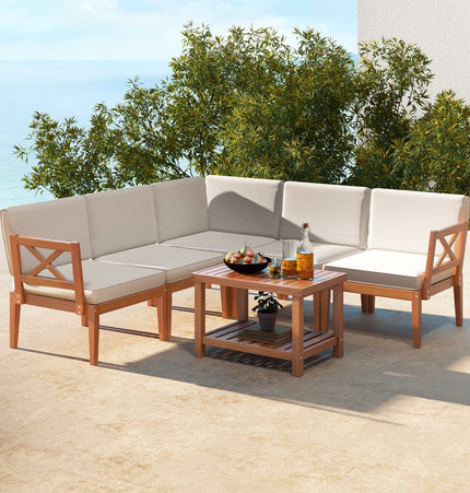 6 Pieces Acacia Wood Patio Furniture Set with Cushions and 2 - Tier Coffee Table - White - Patio Furniture | Patioza