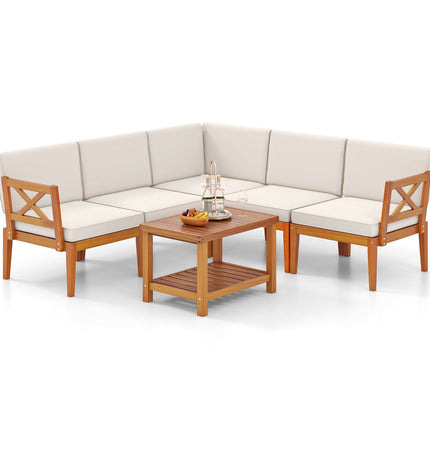 6 Pieces Acacia Wood Patio Furniture Set with Cushions and 2 - Tier Coffee Table - White - Patio Furniture | Patioza