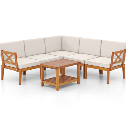 6 Pieces Acacia Wood Patio Furniture Set with Cushions and 2 - Tier Coffee Table - White - Patio Furniture | Patioza