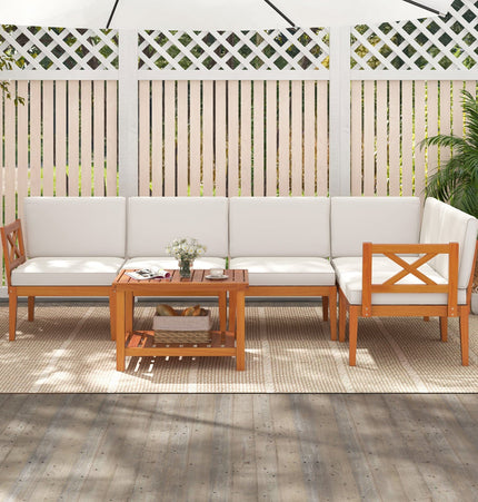 6 Pieces Acacia Wood Patio Furniture Set with Cushions and 2 - Tier Coffee Table - White - Patio Furniture | Patioza