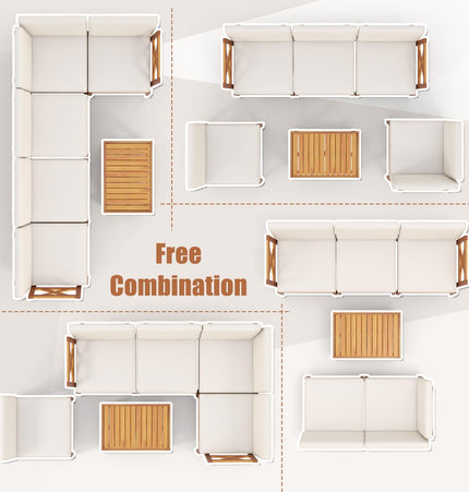 6 Pieces Acacia Wood Patio Furniture Set with Cushions and 2 - Tier Coffee Table - White - Patio Furniture | Patioza