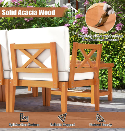 6 Pieces Acacia Wood Patio Furniture Set with Cushions and 2 - Tier Coffee Table - White - Patio Furniture | Patioza