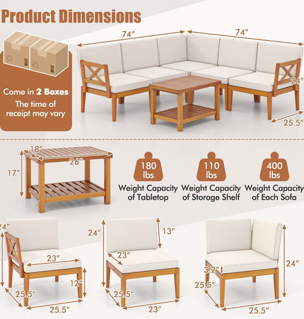 6 Pieces Acacia Wood Patio Furniture Set with Cushions and 2 - Tier Coffee Table - White - Patio Furniture | Patioza