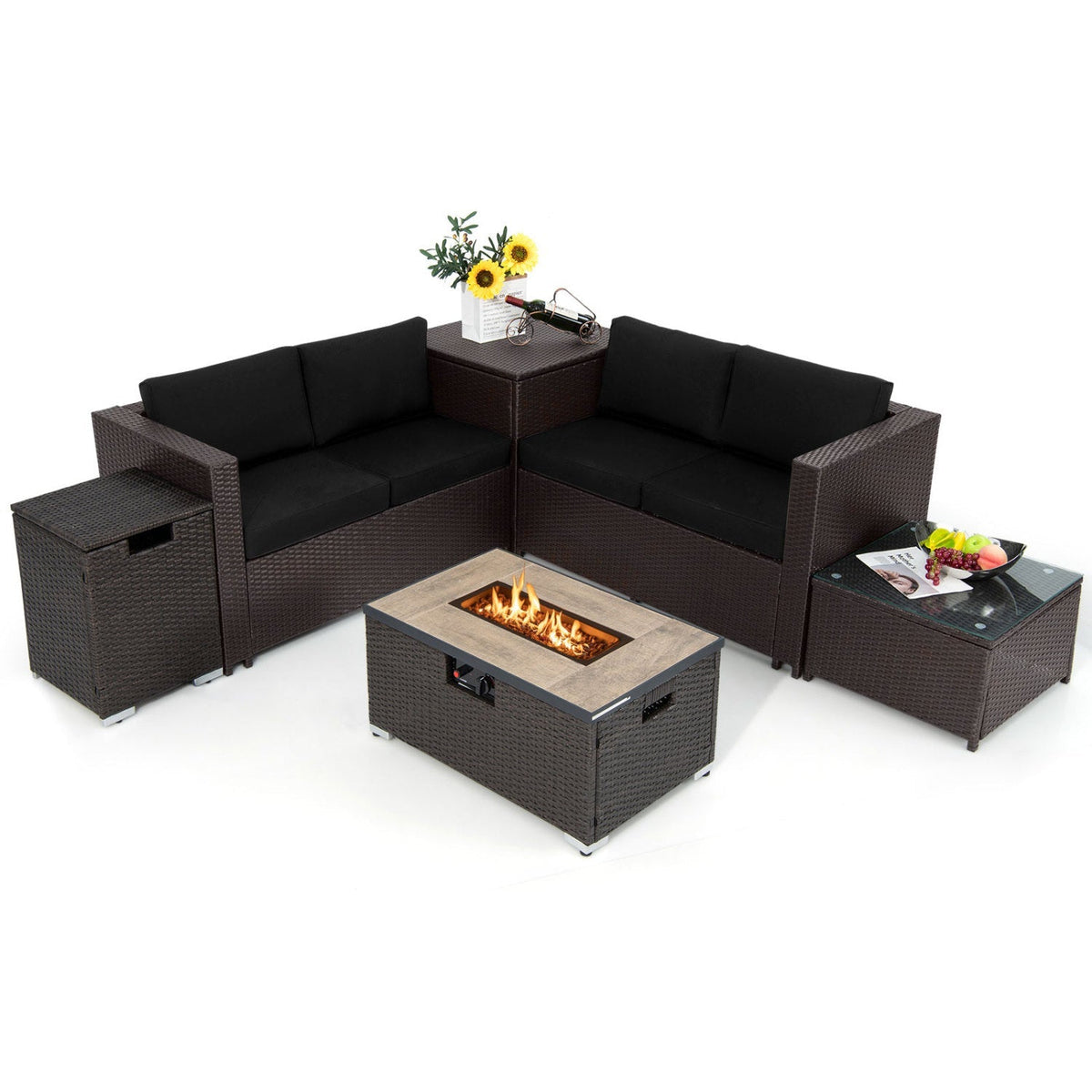 6 Pieces Outdoor Wicker Furniture Set with 32 Inch Propane Fire Pit Table - | Patioza