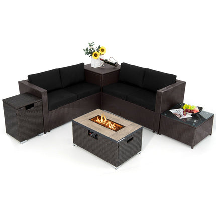 6 Pieces Outdoor Wicker Furniture Set with 32 Inch Propane Fire Pit Table - | Patioza