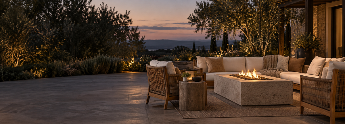 Outdoor patio furniture set at dusk, featuring a stone fire pit with glowing flames, a beige sectional sofa, two wicker armchairs with cream cushions, and a stone side table, set on a paved patio with trees and a sunset view in the background.
