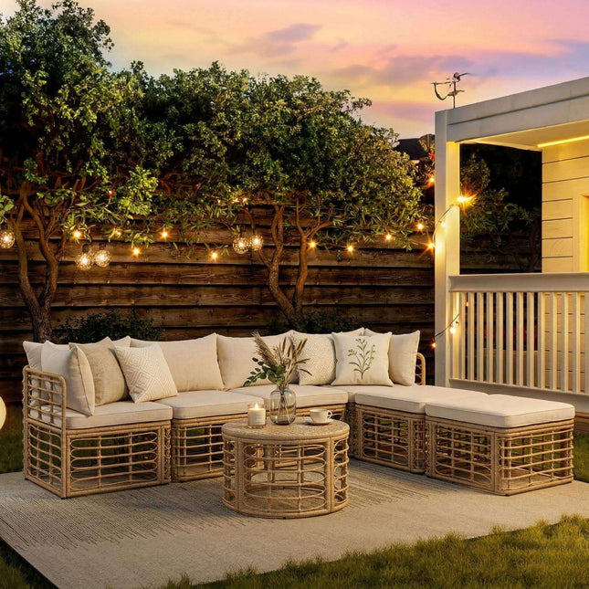 Alora 7-Piece Outdoor All-Weather Rattan Patio Sofa Set With Cushions (SAK47230) - Outdoor Furniture Sets | Patioza