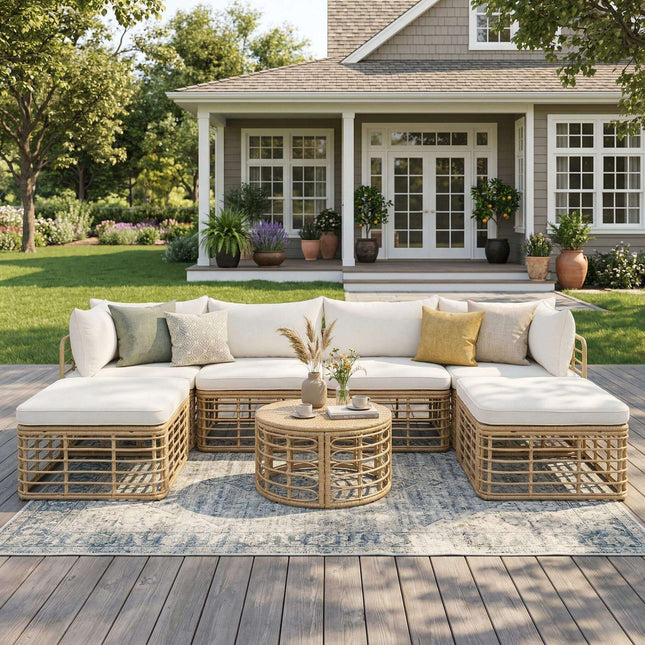 Alora 7-Piece Outdoor All-Weather Rattan Patio Sofa Set With Cushions (SAK47230) - Outdoor Furniture Sets | Patioza