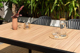 Portals Dark Rectangular Teak Table and 6 Nassau Black Aluminum Dining Set - Patio Dining Sets | Patioza