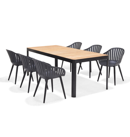 Portals Dark Rectangular Teak Table and 6 Nassau Black Aluminum Dining Set