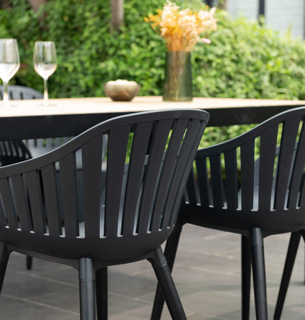 Portals Dark Rectangular Teak Table and 6 Nassau Black Aluminum Dining Set