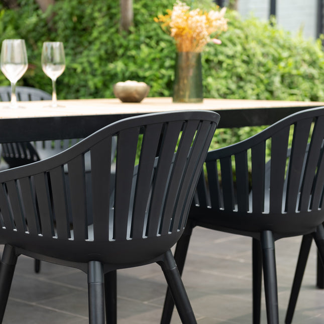 Portals Dark Rectangular Teak Table and 6 Nassau Black Aluminum Dining Set