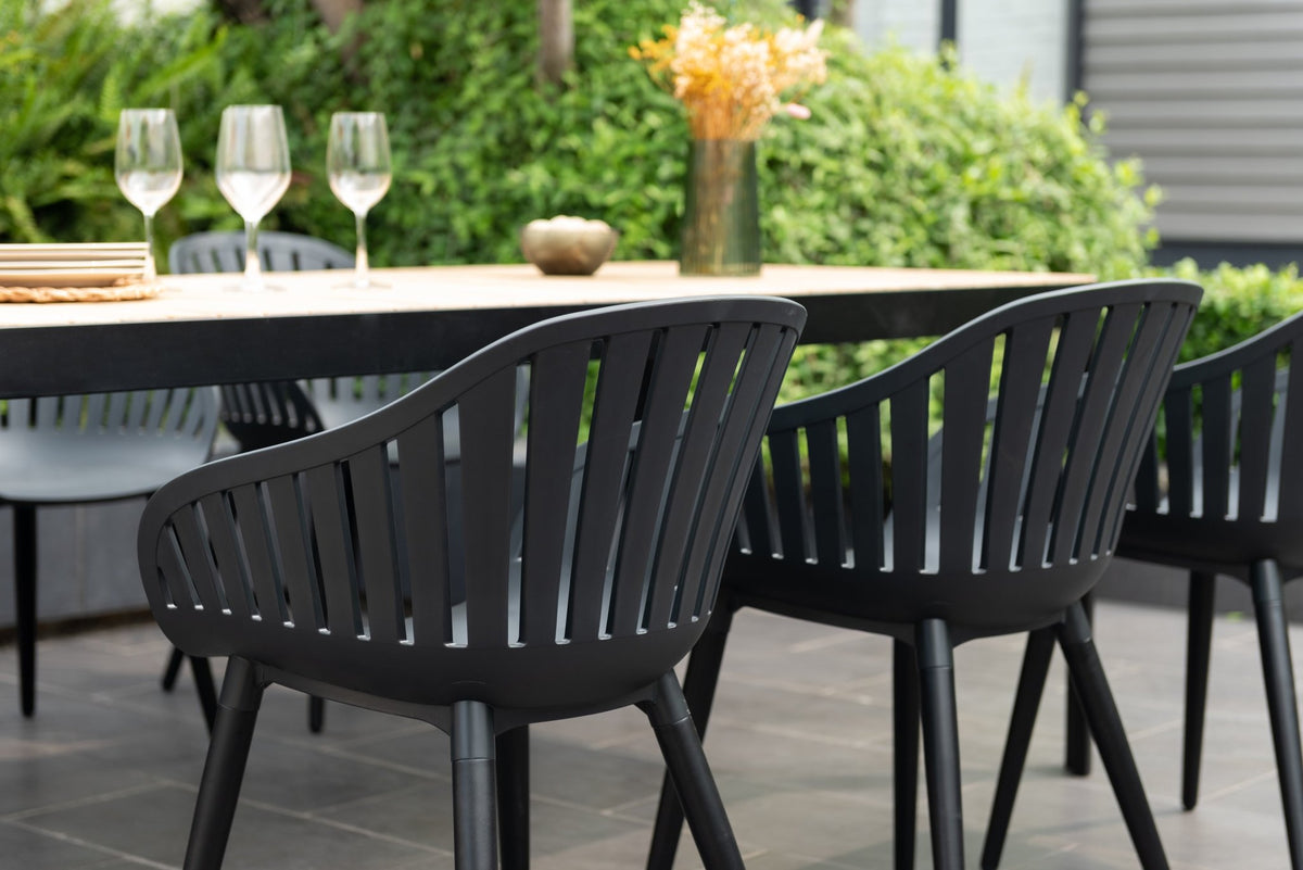 Portals Dark Rectangular Teak Table and 6 Nassau Black Aluminum Dining Set - Patio Dining Sets | Patioza