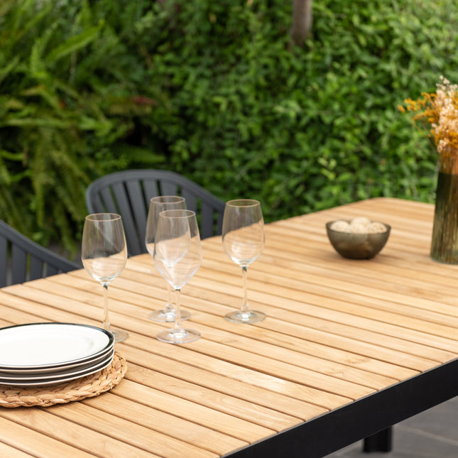 Portals Dark Rectangular Teak Table and 6 Nassau Black Aluminum Dining Set