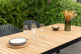 Portals Dark Rectangular Teak Table and 6 Nassau Black Aluminum Dining Set - Patio Dining Sets | Patioza