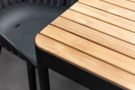 Portals Dark Rectangular Teak Table and 6 Nassau Black Aluminum Dining Set - Patio Dining Sets | Patioza