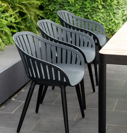 Portals Dark Rectangular Teak Table and 6 Nassau Black Aluminum Dining Set