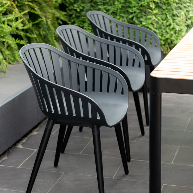 Portals Dark Rectangular Teak Table and 6 Nassau Black Aluminum Dining Set