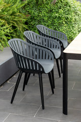 Portals Dark Rectangular Teak Table and 6 Nassau Black Aluminum Dining Set - Patio Dining Sets | Patioza