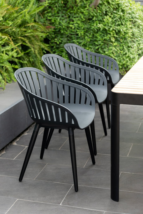 Portals Dark Rectangular Teak Table and 6 Nassau Black Aluminum Dining Set - Patio Dining Sets | Patioza