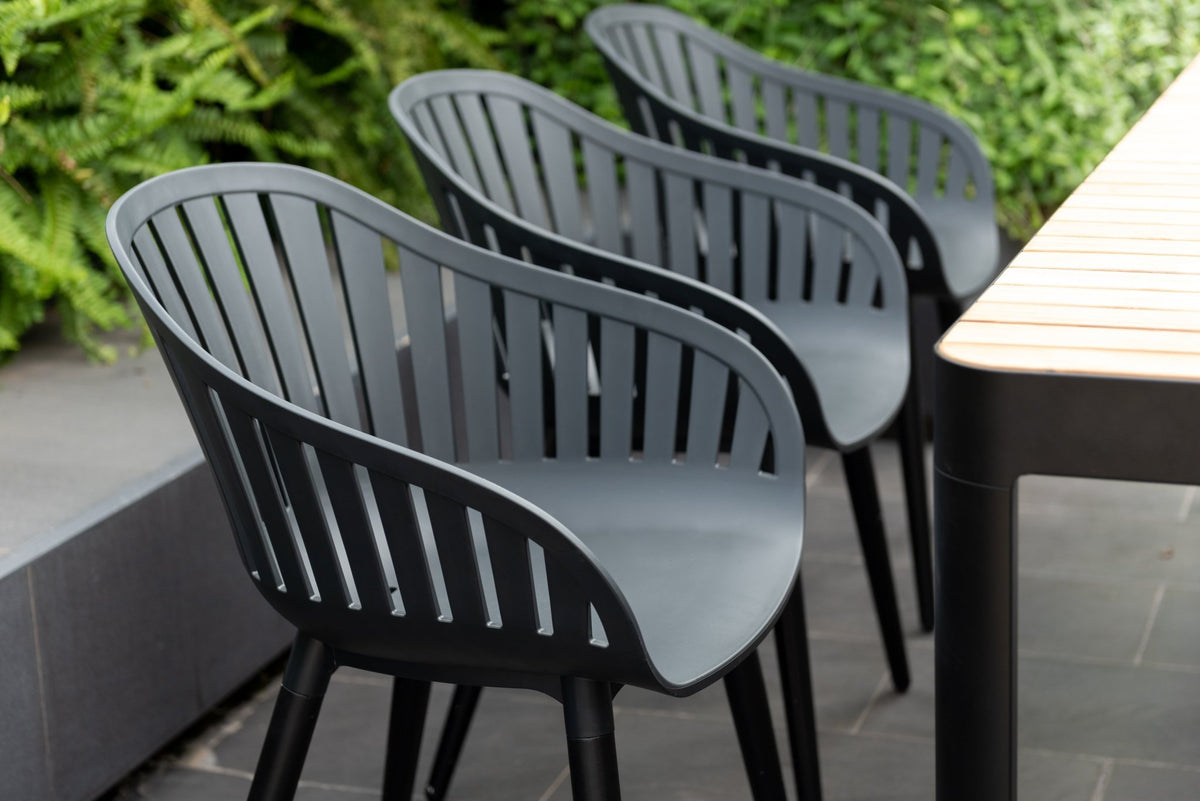 Portals Dark Rectangular Teak Table and 6 Nassau Black Aluminum Dining Set - Patio Dining Sets | Patioza