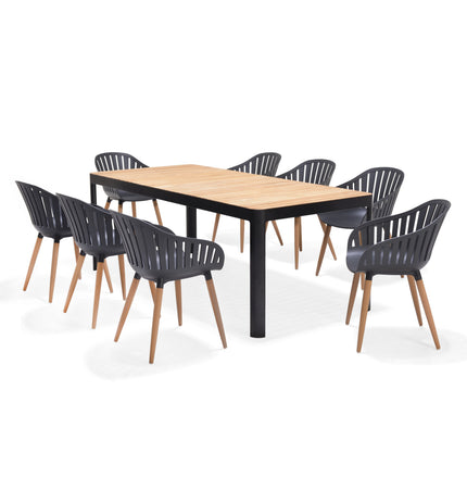 Portals Dark Rectangular Teak Table and 8 Nassau Black Dining Set