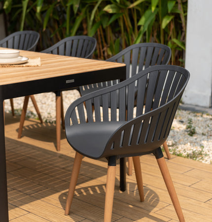 Portals Dark Rectangular Teak Table and 8 Nassau Black Dining Set