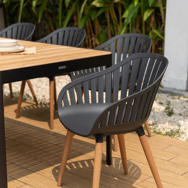 Portals Dark Rectangular Teak Table and 8 Nassau Black Dining Set