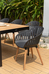 Portals Dark Rectangular Teak Table and 8 Nassau Black Dining Set - Patio Dining Sets | Patioza