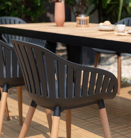 Portals Dark Rectangular Teak Table and 8 Nassau Black Dining Set