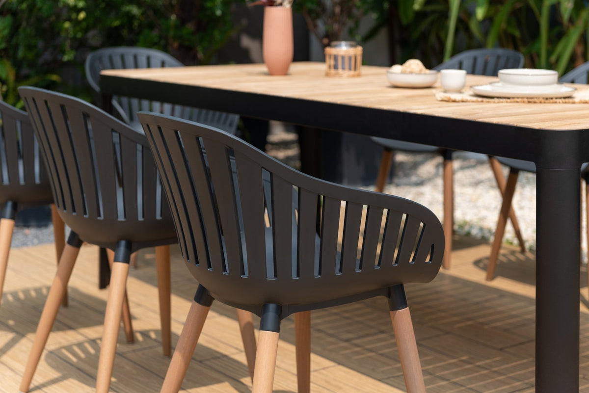 Portals Dark Rectangular Teak Table and 8 Nassau Black Dining Set - Patio Dining Sets | Patioza