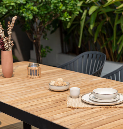 Portals Dark Rectangular Teak Table and 8 Nassau Black Dining Set