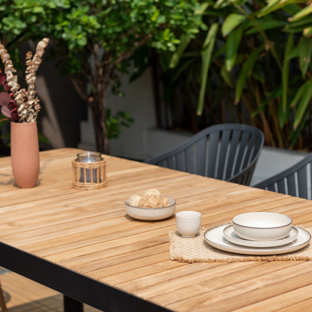 Portals Dark Rectangular Teak Table and 8 Nassau Black Dining Set