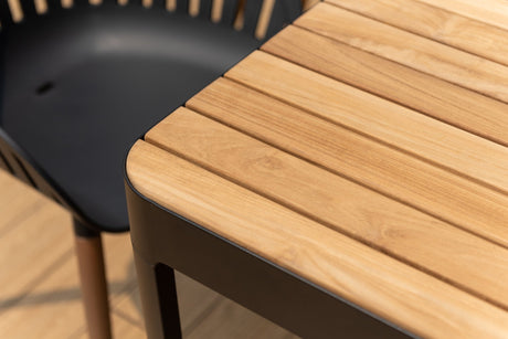 Portals Dark Rectangular Teak Table and 8 Nassau Black Dining Set - Patio Dining Sets | Patioza