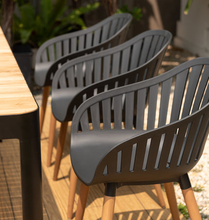 Portals Dark Rectangular Teak Table and 8 Nassau Black Dining Set