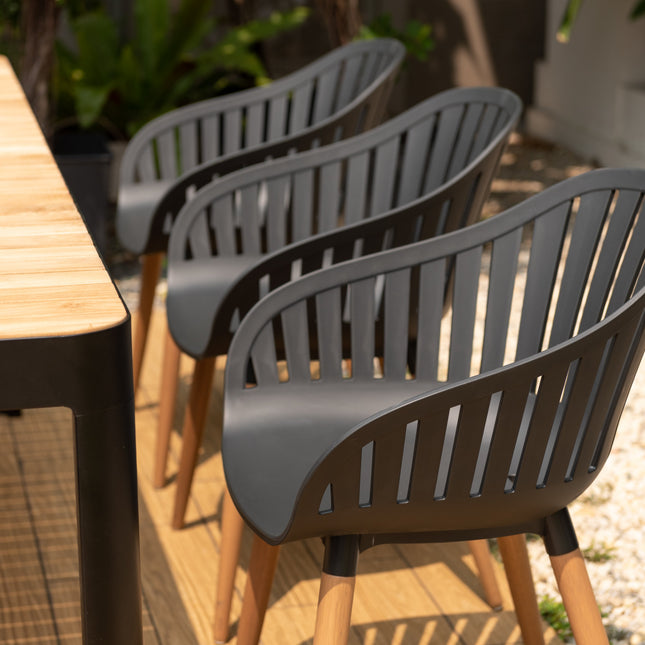 Portals Dark Rectangular Teak Table and 8 Nassau Black Dining Set