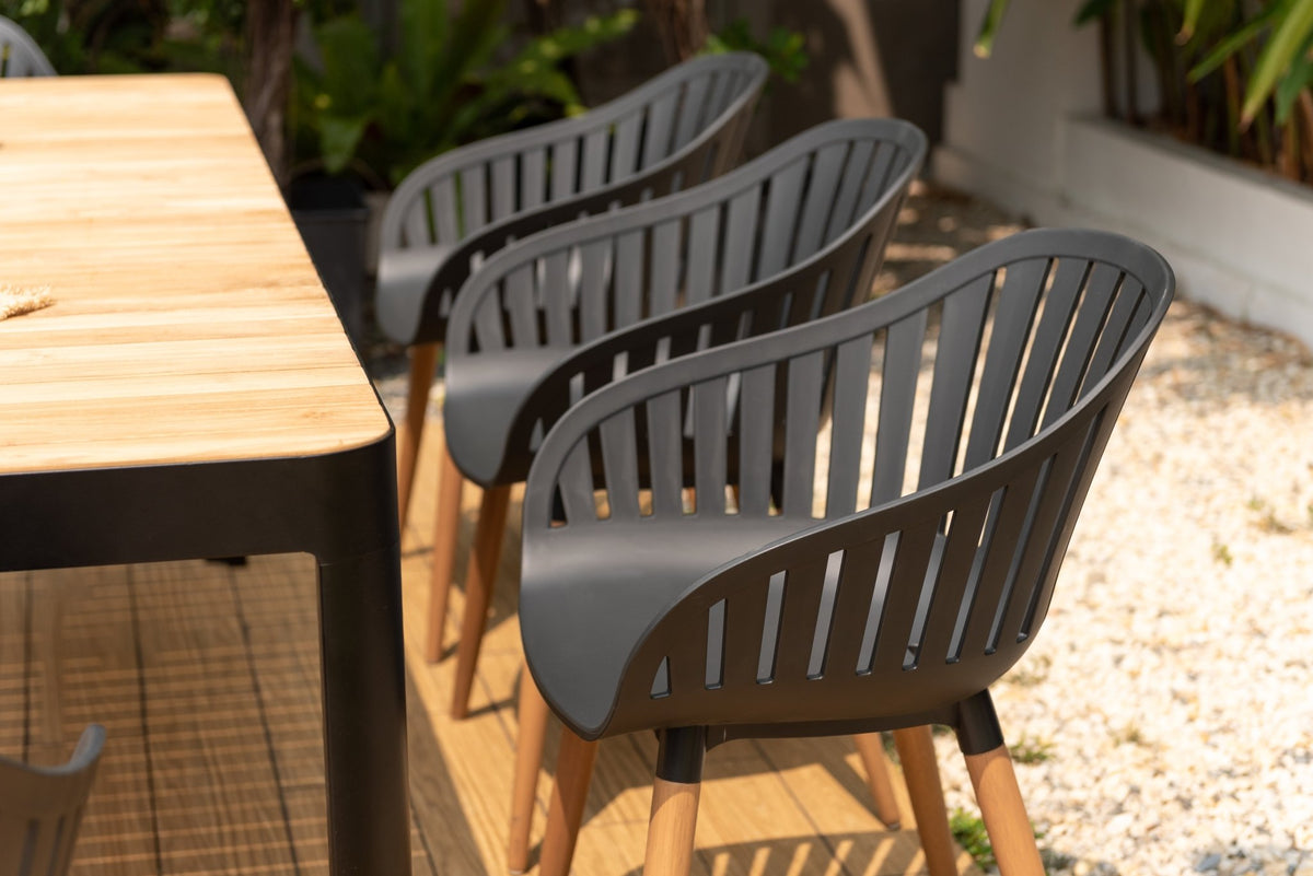 Portals Dark Rectangular Teak Table and 8 Nassau Black Dining Set - Patio Dining Sets | Patioza