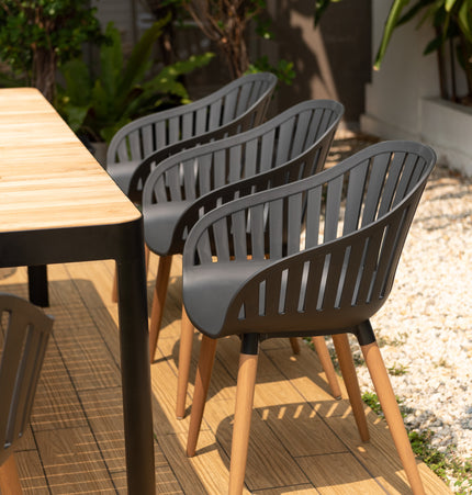 Portals Dark Rectangular Teak Table and 8 Nassau Black Dining Set