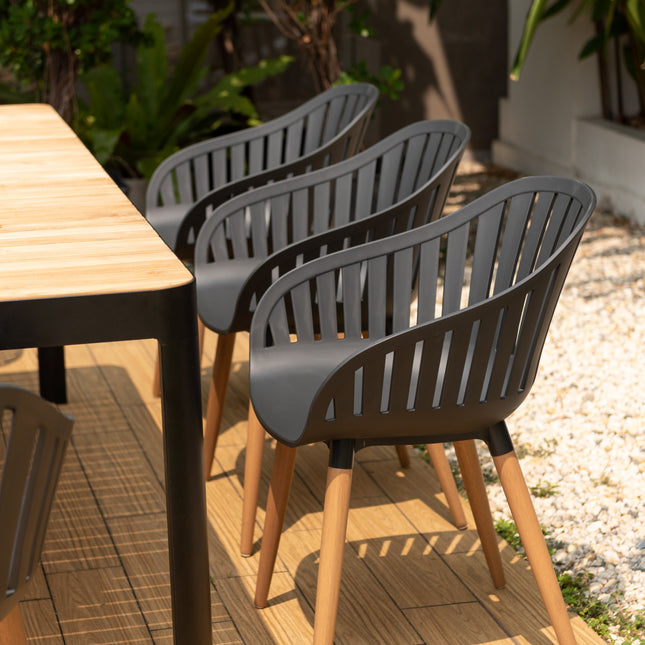Portals Dark Rectangular Teak Table and 8 Nassau Black Dining Set