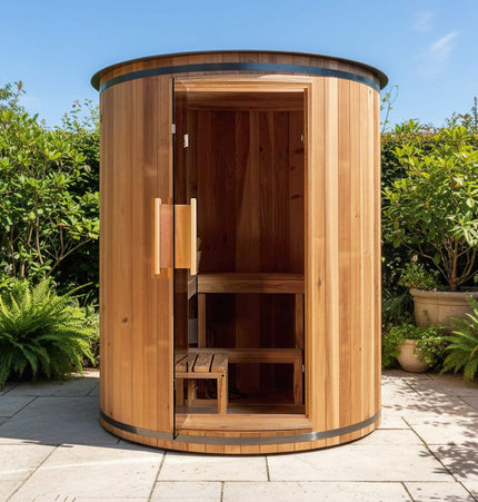 Thermora Barcelona Premium 78 - Inch 4 - Person Cedar Wood Outdoor Vertical Barrel Sauna With 6KW Heater, LED Lights And Stones (SAK74813) - Outdoor Saunas | Patioza