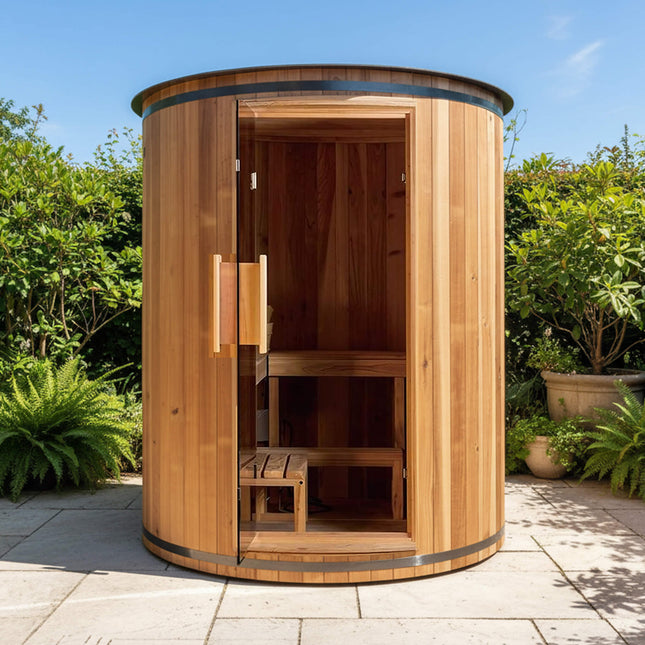 Thermora Barcelona Premium 78 - Inch 4 - Person Cedar Wood Outdoor Vertical Barrel Sauna With 6KW Heater, LED Lights And Stones (SAK74813) - Outdoor Saunas | Patioza