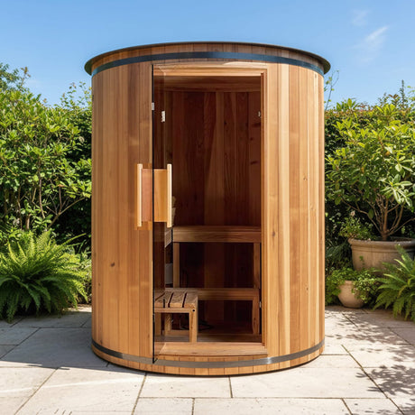 Thermora Barcelona Premium 78 - Inch 4 - Person Cedar Wood Outdoor Vertical Barrel Sauna With 6KW Heater, LED Lights And Stones (SAK74813) - Outdoor Saunas | Patioza