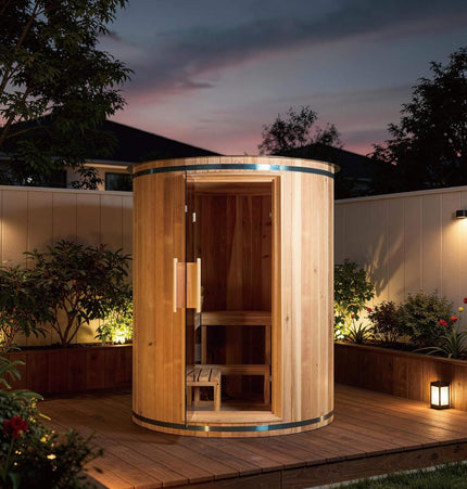 Thermora Barcelona Premium 78 - Inch 4 - Person Cedar Wood Outdoor Vertical Barrel Sauna With 6KW Heater, LED Lights And Stones (SAK74813) - Outdoor Saunas | Patioza