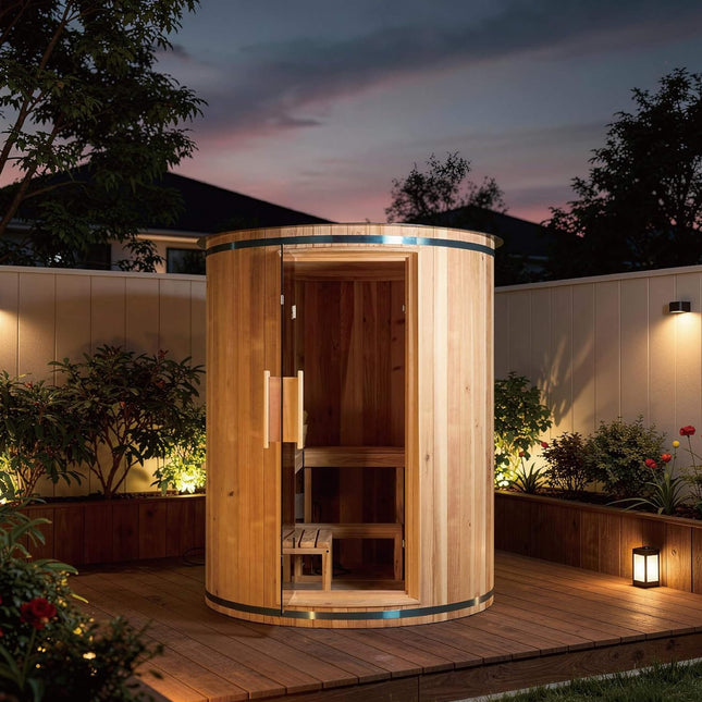 Thermora Barcelona Premium 78 - Inch 4 - Person Cedar Wood Outdoor Vertical Barrel Sauna With 6KW Heater, LED Lights And Stones (SAK74813) - Outdoor Saunas | Patioza