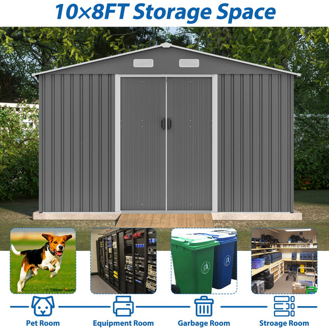 10X8 FT outdoor tool storage shed with metal foundation and lockable door, all - weather metal shed, gray - Storage Sheds | Patioza