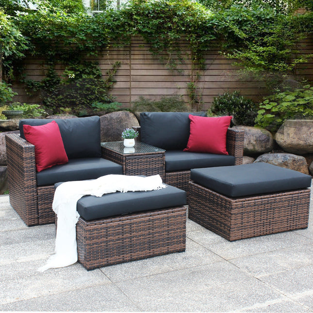 5 Pieces Outdoor Patio Garden Brown Wicker Sectional Conversation Sofa Set - Patio Furniture | Patioza
