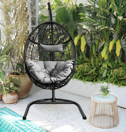 Hanging Cushioned Hammock Chair with Stand - Gray - Patio Furniture | Patioza