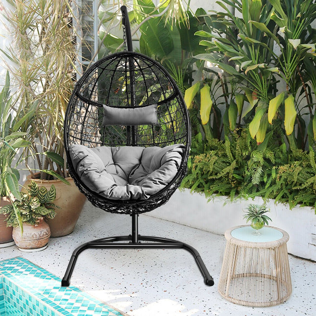 Hanging Cushioned Hammock Chair with Stand - Gray - Patio Furniture | Patioza