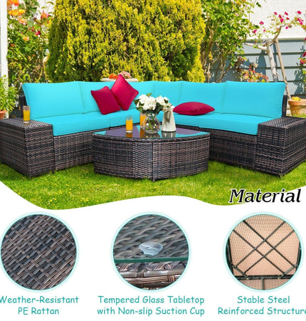 6 Piece Wicker Patio Sectional Sofa Set with Tempered Glass Coffee Table - Turquoise - Patio Furniture | Patioza